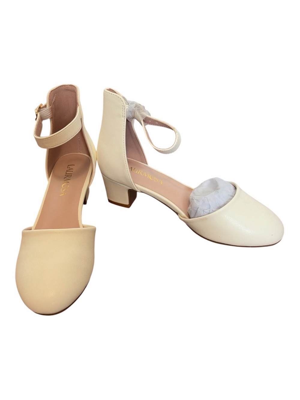 White Closed Toe Dress Shoes with Chunky High Heels and Ankle Strap for Kids